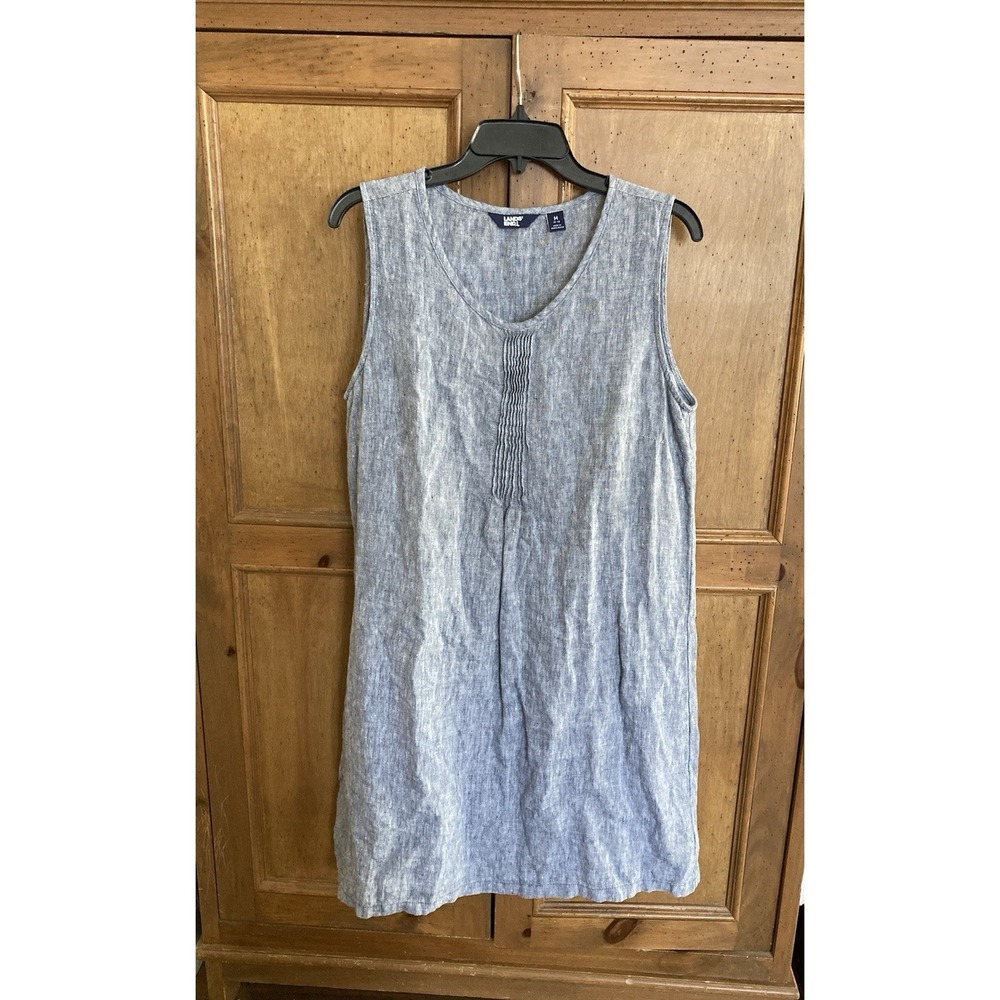 Lands End Dress 100% Linen Pintuck Tank Shift Popover Gray Blue Size Medium